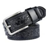 INOGIH Mens Western Floral Engraved Embossed Tooled Genuine Leather Belt - Square Buckle Casual Belt For Daily Decoration (Black, Suit for Waist 38