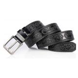 INOGIH Mens Western Floral Engraved Embossed Tooled Genuine Leather Belt - Square Buckle Casual Belt For Daily Decoration (Black, Suit for Waist 38