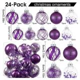 Clear Christmas Ball Ornaments,24ct Shatterproof Plastic Decorative Christmas Ornaments Hanging Xmas Tree Baubles Set with Stuffed Delicate Glittering Decorations for Holiday Party Home Decor(Purple)