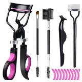 Eyelash Curlers Eyebrow Brush Kit for Women w Lash Curler, Eyelash Comb Seperator, Mascara Brushes, Eyelash Extension Tweezers, Angled Eyebrow Brush and Comb, 10 Silicone Refills Pads for Lash & Brow