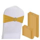 WJWHQ 100PCS Spandex Stretch Chair Sashes Bows Elastic Chair Cover Bands Ties with Buckle Slider for Wedding Party Reception Events Universal Ceremony Banquet Decorations (Gold)