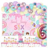 Kreatwow Donut 6th Birthday Party Decorations Sweet Sassy And Six Birthday Backdrop Banner Cake Topper Donut Ice Cream 6th Bday Decoration Doughnut Dessert Time Balloon Garland Arch with Tablecloth