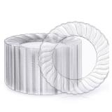 FOCUSLINE 100 Count Clear Plastic Plates 9 Inch, Disposable Heavy Duty Dinner Plates- Premium Hard Plastic Plate Fancy Disposable Clear Plates for Weddings, Parties and Events