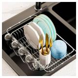 AIDERLY Dish Drying Rack in Sink Expandable Stainless Steel Kitchen Dish Drainer with 4 Cup Holders, Silver