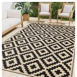 Smiry Waterproof Outdoor Rug 5x8 ft, Reversible Plastic Straw Patio Camping Rugs, Outdoor Indoor RV Mat Carpet for Patio, Outside Entry, Backyard, Deck, Bench, Picnic, Camper, Black & Beige