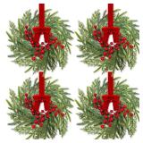 4 Pcs 15\" Christmas Mini Cabinet Wreaths for Kitchen,Artificial Norfolk Pine & Cypress Wreath with Red Berry Bow for Christmas Decorations Window Door Fireplace Table Staircase Indoor Outdoor