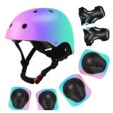 Color Gradient Adjustable Kids Bike Helmet with Knee & Elbow Pads Set | Multi-Sport Safety Gear for Boys & Girls Ages 5-14 | Skateboarding, Scooters, Roller & Inline Skating, Longboarding