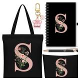 Talltalk 5 Pcs Personalized Women Gifts,Initial Tote Bag,Makeup Bag,Keyring,Notebook,Ballpoint,Black Alphabet Gifts for Women(Letter S)