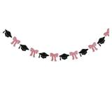 Pink Bow & Graduate Cap Garland - Trendy Graduation Decorations, Class of 2026 High School Graduate Decor Rose Gold Black Glitter