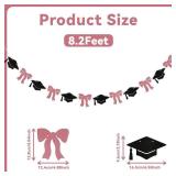 Pink Bow & Graduate Cap Garland - Trendy Graduation Decorations, Class of 2026 High School Graduate Decor Rose Gold Black Glitter