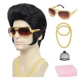 Yargel Hair 50s Disco Rock Wig with Glasses and Necklace Black Singer Rocker Costume Wigs for Men 50s 60s Funny Wig for Halloween Costume Cosplay Party Use (4pcs Set)
