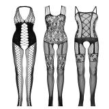 Fengek 3 Packs Women Fishnet Bodysuits, Stockings Sleepwear Lingerie for Couple Dating Nightwear, Black