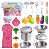 Juboury Kitchen Pretend Play Toys with Stainless Steel Cookware Pots and Pans Set, Cooking Utensils, Apron & Chef Hat, Cutting Vegetables for Kids, Girls, Boys, Toddlers