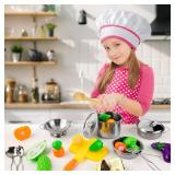 Juboury Kitchen Pretend Play Toys with Stainless Steel Cookware Pots and Pans Set, Cooking Utensils, Apron & Chef Hat, Cutting Vegetables for Kids, Girls, Boys, Toddlers