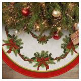 AVOIN colorlife Christmas Tree Skirt 48 Inch, Christmas Ribbon Holly Winter Holiday Tree Mat Decoration