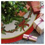 AVOIN colorlife Christmas Tree Skirt 48 Inch, Christmas Ribbon Holly Winter Holiday Tree Mat Decoration