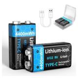 HIKITMATE USB-C Rechargeable 9V Batteries | 2-Pack 4400mWh High Capacity Li-ion with 2-in-1 Charging Cable for Smoke Alarms Microphones Toys | 2-Hour Quick Charge & 1200+ Cycles