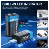 HIKITMATE USB-C Rechargeable 9V Batteries | 2-Pack 4400mWh High Capacity Li-ion with 2-in-1 Charging Cable for Smoke Alarms Microphones Toys | 2-Hour Quick Charge & 1200+ Cycles