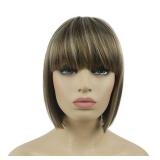 Lydell 8\" Straight Short Bob Hair Flat Bangs Cute Central Dot Skin Top Heat Resistant Synthetic Wigs (18-22 Light Ash Brown)