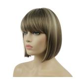 Lydell 8\" Straight Short Bob Hair Flat Bangs Cute Central Dot Skin Top Heat Resistant Synthetic Wigs (18-22 Light Ash Brown)