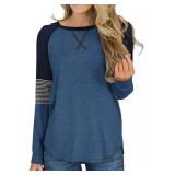 Hilltichu Womens Color Block Round Neck Tunic Tops Casual Long Sleeve Shirt Blouse B-Blue Large