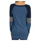 Hilltichu Womens Color Block Round Neck Tunic Tops Casual Long Sleeve Shirt Blouse B-Blue Large