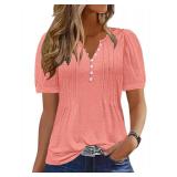 ETCYY Womens Shirts Dressy Casual Short Sleeve 2026 Summer Tops Spring V Neck Button Down Pleated Ladies Tunic Blouses,Pure Pink,Small