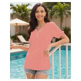 ETCYY Womens Shirts Dressy Casual Short Sleeve 2026 Summer Tops Spring V Neck Button Down Pleated Ladies Tunic Blouses,Pure Pink,Small