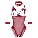 Avidlove Womens Lingerie Bodysuit 4 Piece Set Sheer Mesh Teddy Babydoll with Detachable Collar and Wrist Cuffs