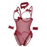 Avidlove Womens Lingerie Bodysuit 4 Piece Set Sheer Mesh Teddy Babydoll with Detachable Collar and Wrist Cuffs