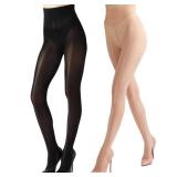 ChicVerves 2 Pairs Shiny Pantyhose for Women Footed Tights Silk Oil Shimmer Stockings with Control Top, Black+Natural L-XL