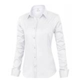 siliteelon Womens Classic-Fit Dress Shirts Long Sleeve Button Down Wrinkle-Free Stretch Solid Casual Work Office Blouse Top White Medium