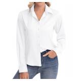 siliteelon Womens Classic-Fit Dress Shirts Long Sleeve Button Down Wrinkle-Free Stretch Solid Casual Work Office Blouse Top White Medium