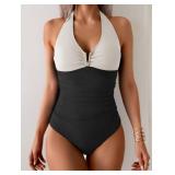 B2prity One Piece Swimsuit for Women Tummy Control Halter Bathing Suit V Neck Push Up Swim Suit Ruched Swimwear White, Black, Small