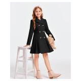 Haloumoning Girls Winter Dress Coat Button Peacoat Notch Lapel Double Breasted Outerwear with Pockets 5-14 Years, Black, 5-6 Years