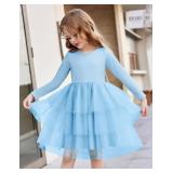 Arshiner Toddler Girls Dresses Long Sleeve Blue Formal Holiday Party Tutu Dress for Kids 6 Years