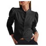 Tankaneo Womens Puff Sleeve Button Down Shirts Cropped Mock Neck Fitted Tops Fall Dressy Casual Cotton Blouse Black Medium