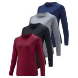 4-Pack: Womens Long Sleeve Athletic Tops with Thumb Holes Dry Fit Active Crewneck Workout Tees (Size 8, Medium)