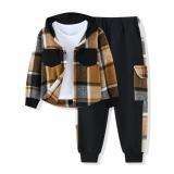 Auiopila Boy Clothes Flannel Plaid Shirt Tops Pants Set Hoodie Sweatsuit+White T-shirt 3Pcs for Fall Winter Spring Outfits 7-8Y