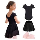 Mecceos Ballet Leotards with Skirt Tights Combo for Toddler Girls Dance Short Sleeve Leotard Ballerina Dresses Outfits (Black, 10-12 Years, MEAM-321)