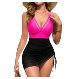 Edelqual Women One Piece Swim Dress Tummy Control Swimsuit Bathing Suit Mesh Slimming Sarong Wraps Sexy Swimswear Sheer Full Coverage Strap 2025 Vacation Outfits Cover Up Mom (L)