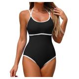 ZAFUL One Piece Swimsuit Women Tummy Control Bathing Suit Sexy Slimming High Cut Adjustable Strap Halter Swim Suit Retro Color Block Tie Back Sporty Swimwear Modest Push Up Swimsuits Black White,XS