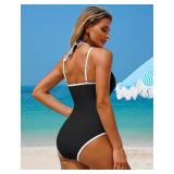 ZAFUL One Piece Swimsuit Women Tummy Control Bathing Suit Sexy Slimming High Cut Adjustable Strap Halter Swim Suit Retro Color Block Tie Back Sporty Swimwear Modest Push Up Swimsuits Black White,XS