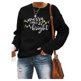 Christmas Sweatshirt Women Merry and Bright Christmas T-Shirt Funny Xmas Lights Blouse Tops Holiday Shirts(Black, M)