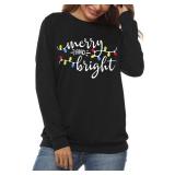 Christmas Sweatshirt Women Merry and Bright Christmas T-Shirt Funny Xmas Lights Blouse Tops Holiday Shirts(Black, M)