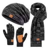 Mens Hat Gloves Scarf Set Winter, Thick Thermal Fleece Lined Slouchy Beanie Long Scarf Touchscreen Gloves, 3 in 1 Warm Set for Cold Weather(Mix-Black)