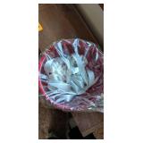 Decorative Bowl Made of Red Plastic and Metal Floral Cover