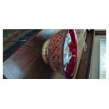 Decorative Bowl Made of Red Plastic and Metal Floral Cover