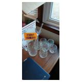 Iridescent Glass Pitcher with Stirring Stick and Six Small Cups