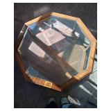 Wooden Coffee Table with Glass Accents and Wood Woven Bottom